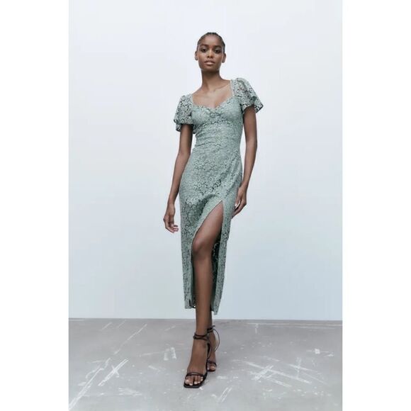 NWT Zara Green Lace V-Neck Short Sleeve Front Slit Hem Midi Dress, Size Small - Picture 9 of 16